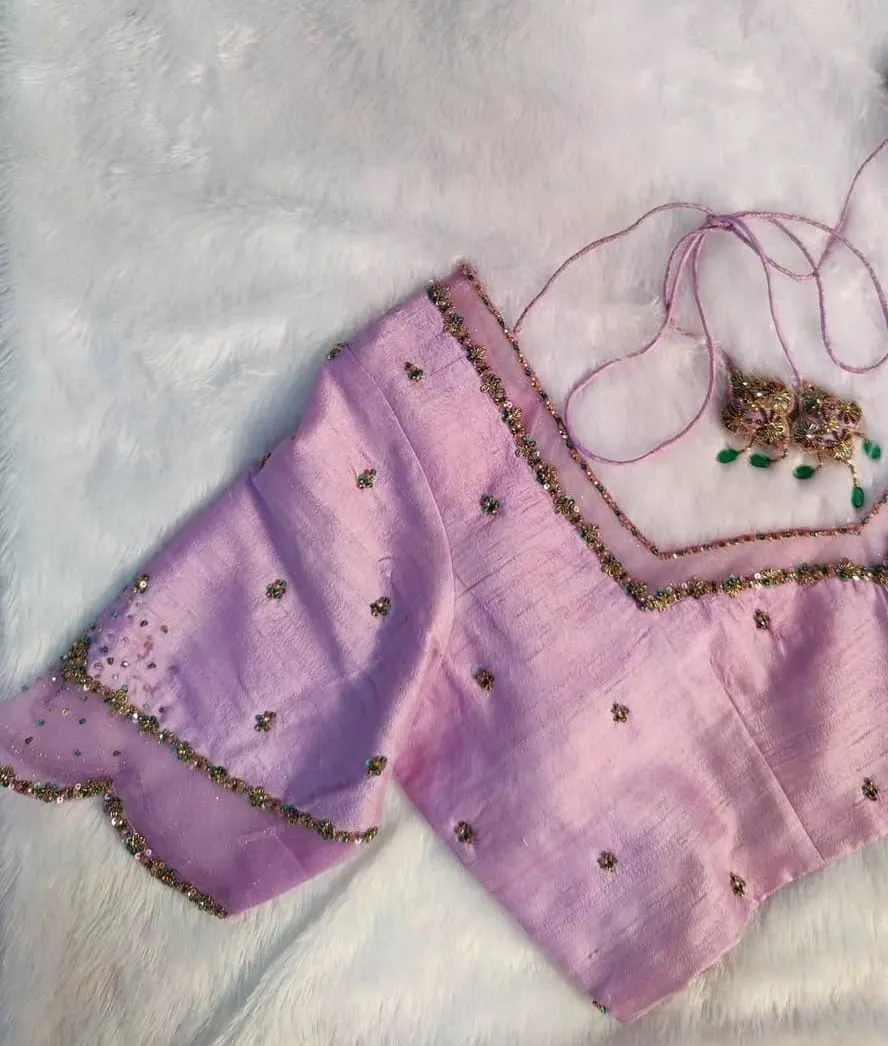 Lavender Hand Embroidered Silk Saree Blouse | Designer Aari Work Blouse with Scalloped Sleeves