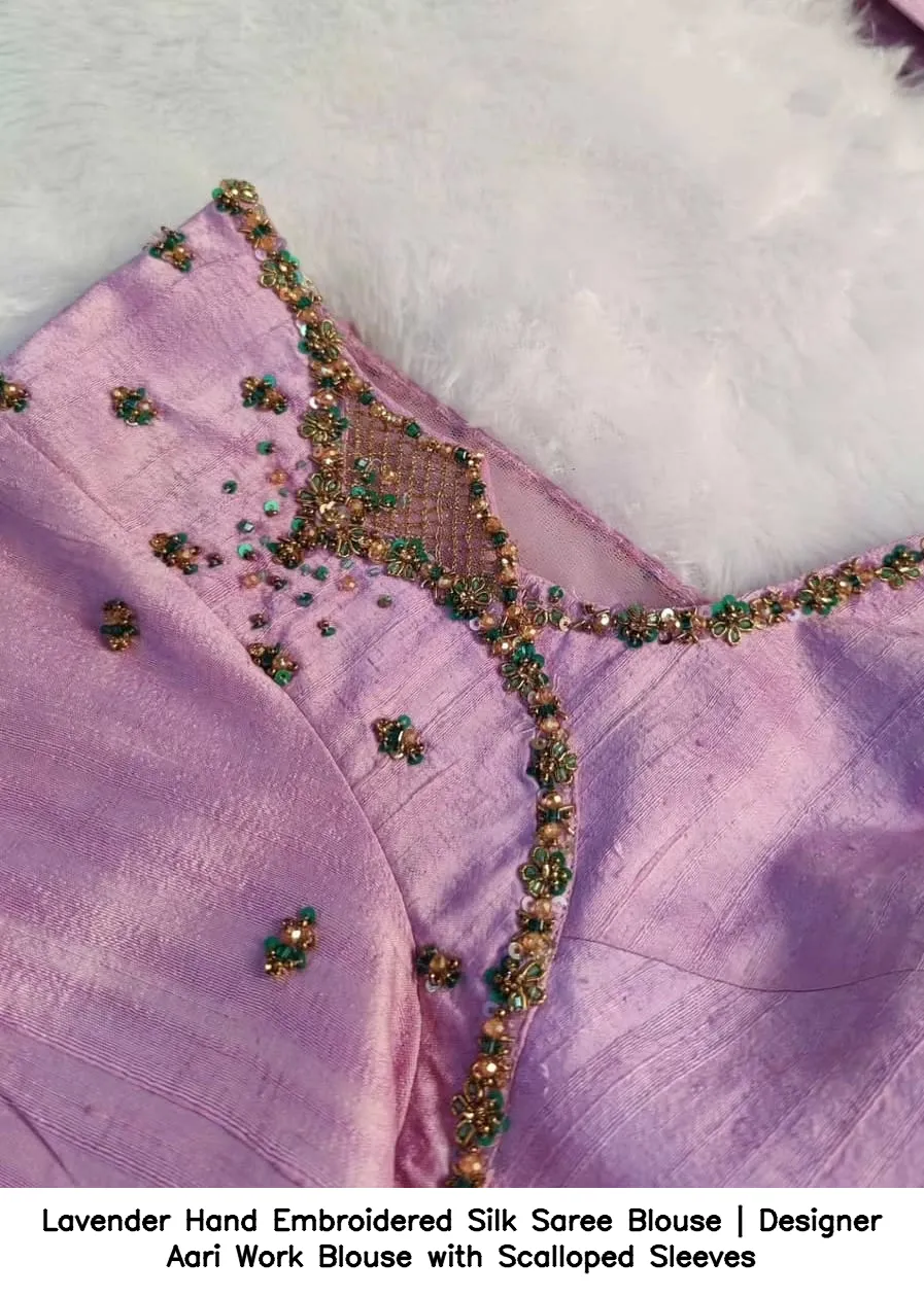 Lavender Hand Embroidered Silk Saree Blouse | Designer Aari Work Blouse with Scalloped Sleeves 2