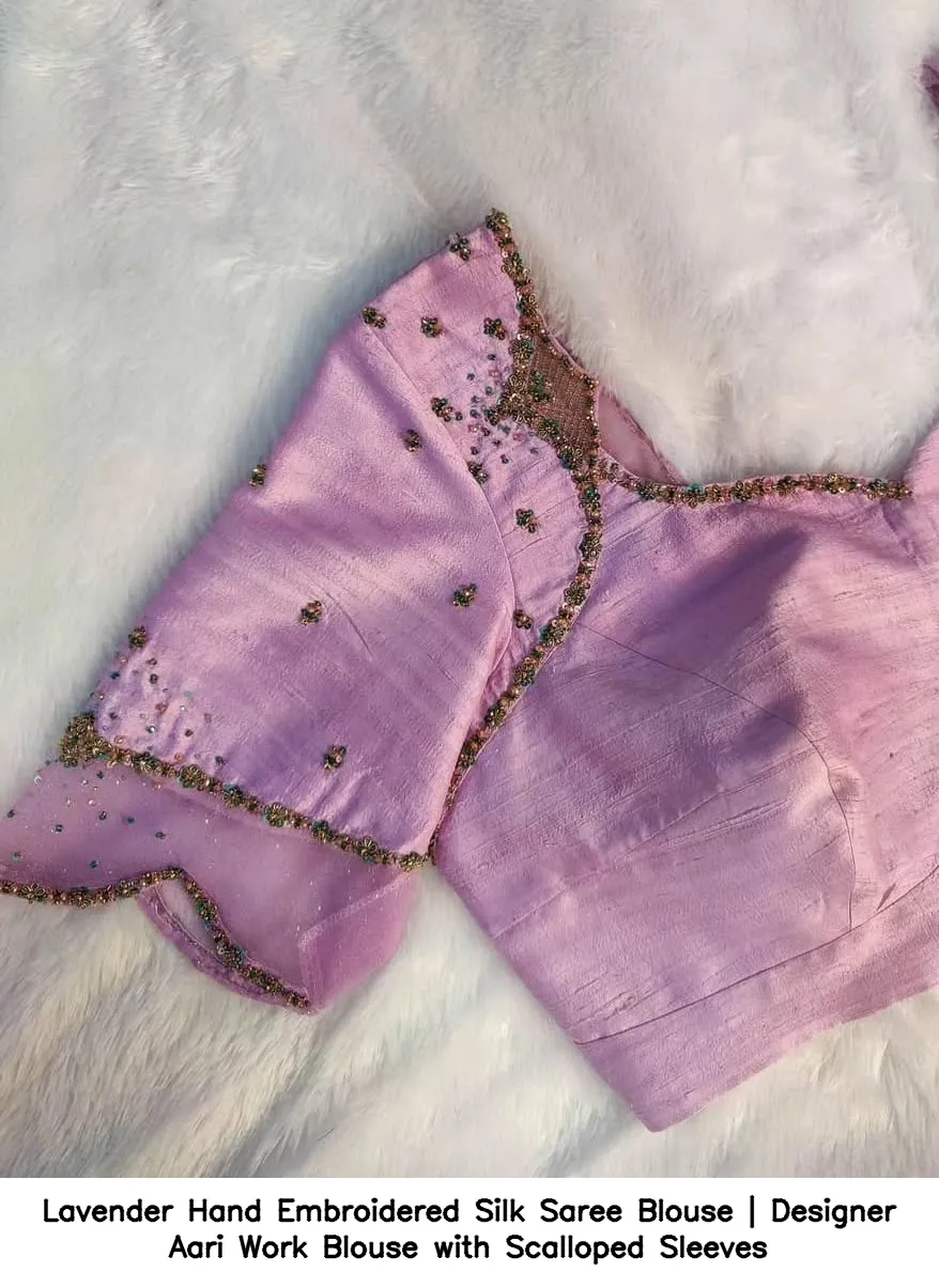 Lavender Hand Embroidered Silk Saree Blouse | Designer Aari Work Blouse with Scalloped Sleeves 3