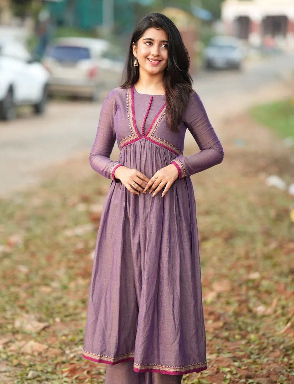 Lavender Handloom Cotton Anarkali Suit Set with Pants | Designer Ethnic Wear