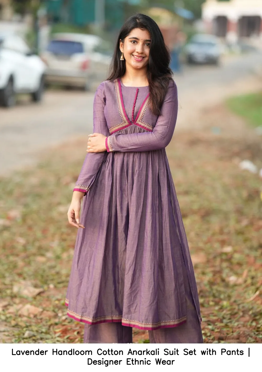 Lavender Handloom Cotton Anarkali Suit Set with Pants | Designer Ethnic Wear 2