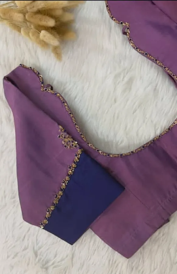 Lavender Mauve Silk Aari Work Blouse | Dual Tone Contrast Sleeve Blouse for Silk Saree | Simple Blue Stone Work Blouse | Designer Readymade Blouse 1