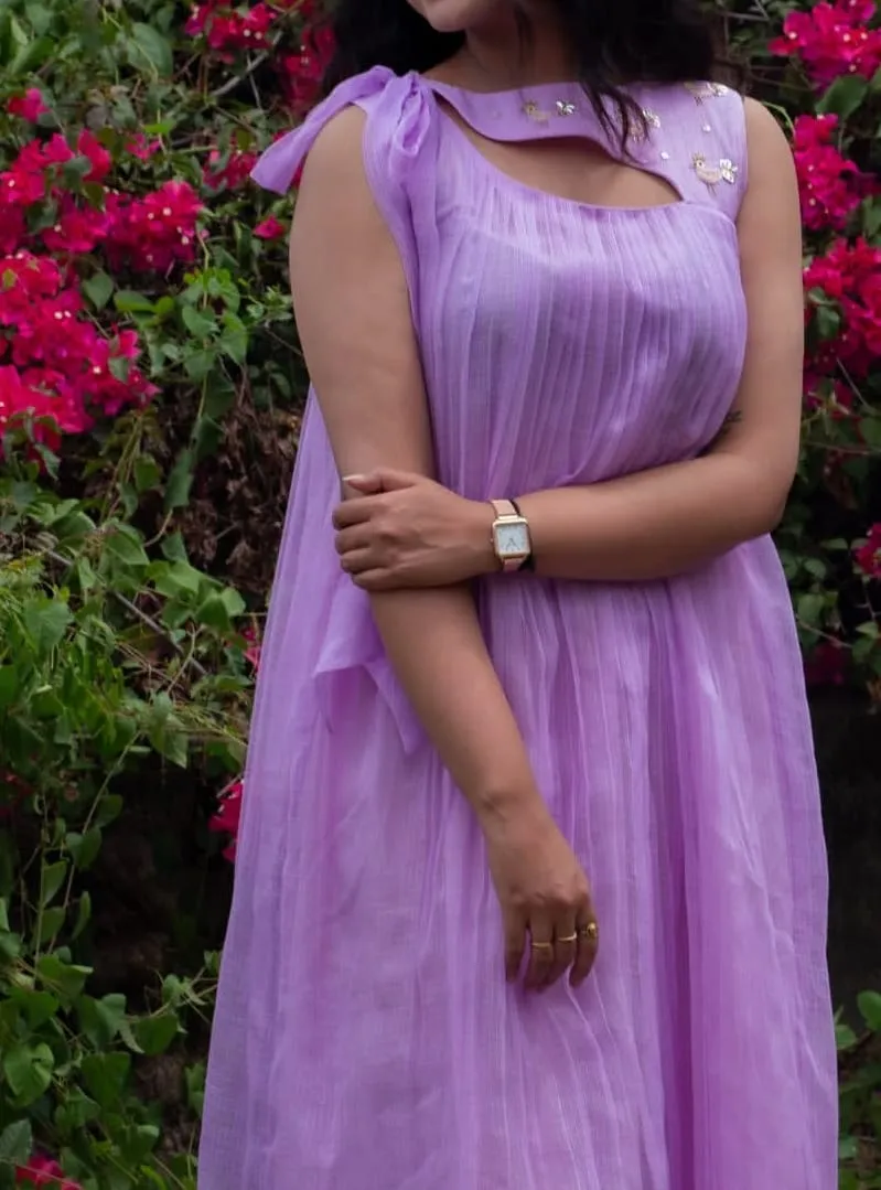 Lavender Pleated Maxi Dress with Asymmetric Cutout Neck & Hand Motif Embroidery 1