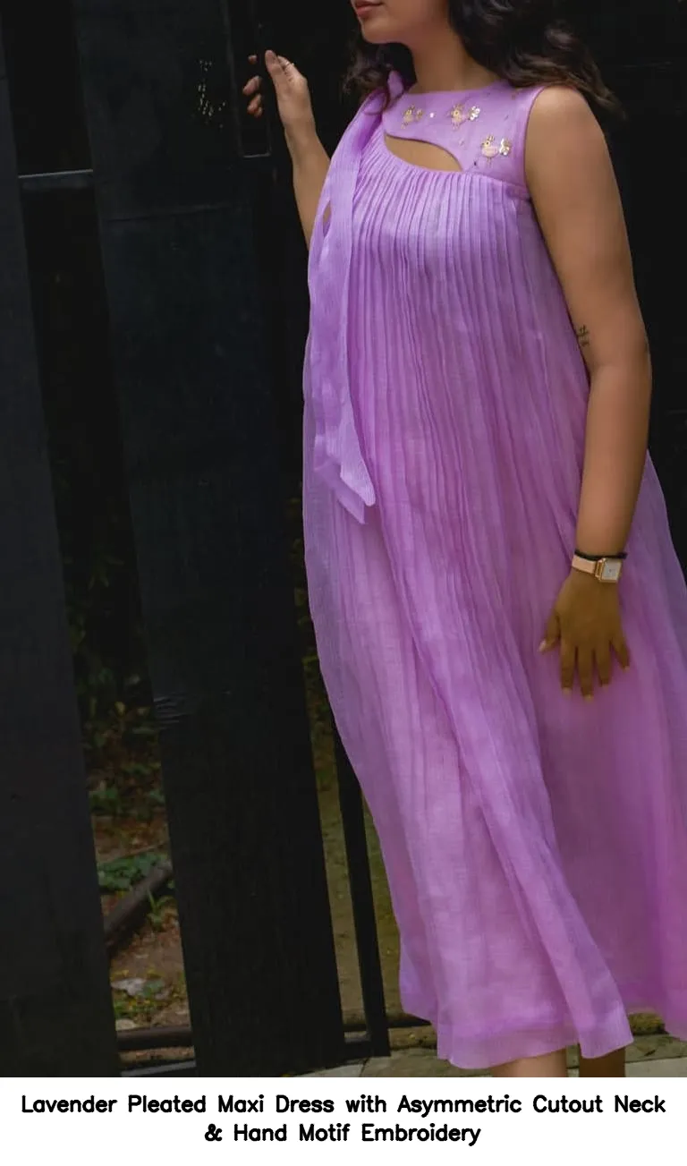 Lavender Pleated Maxi Dress with Asymmetric Cutout Neck & Hand Motif Embroidery 2
