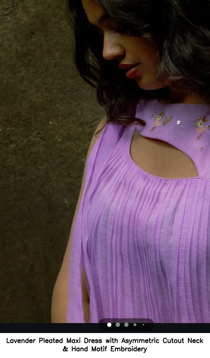Lavender Pleated Maxi Dress with Asymmetric Cutout Neck & Hand Motif Embroidery 3