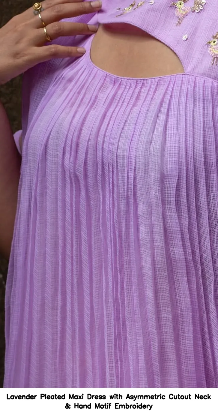 Lavender Pleated Maxi Dress with Asymmetric Cutout Neck & Hand Motif Embroidery 4