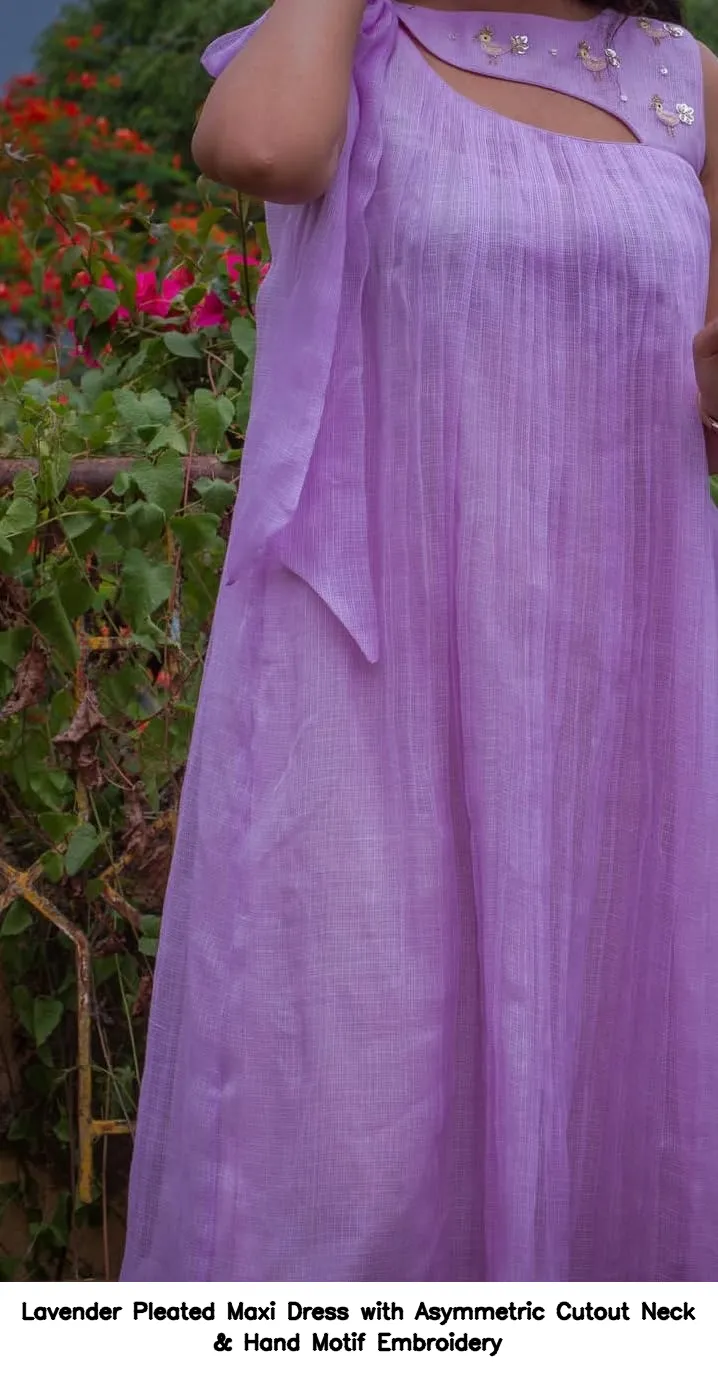 Lavender Pleated Maxi Dress with Asymmetric Cutout Neck & Hand Motif Embroidery 5