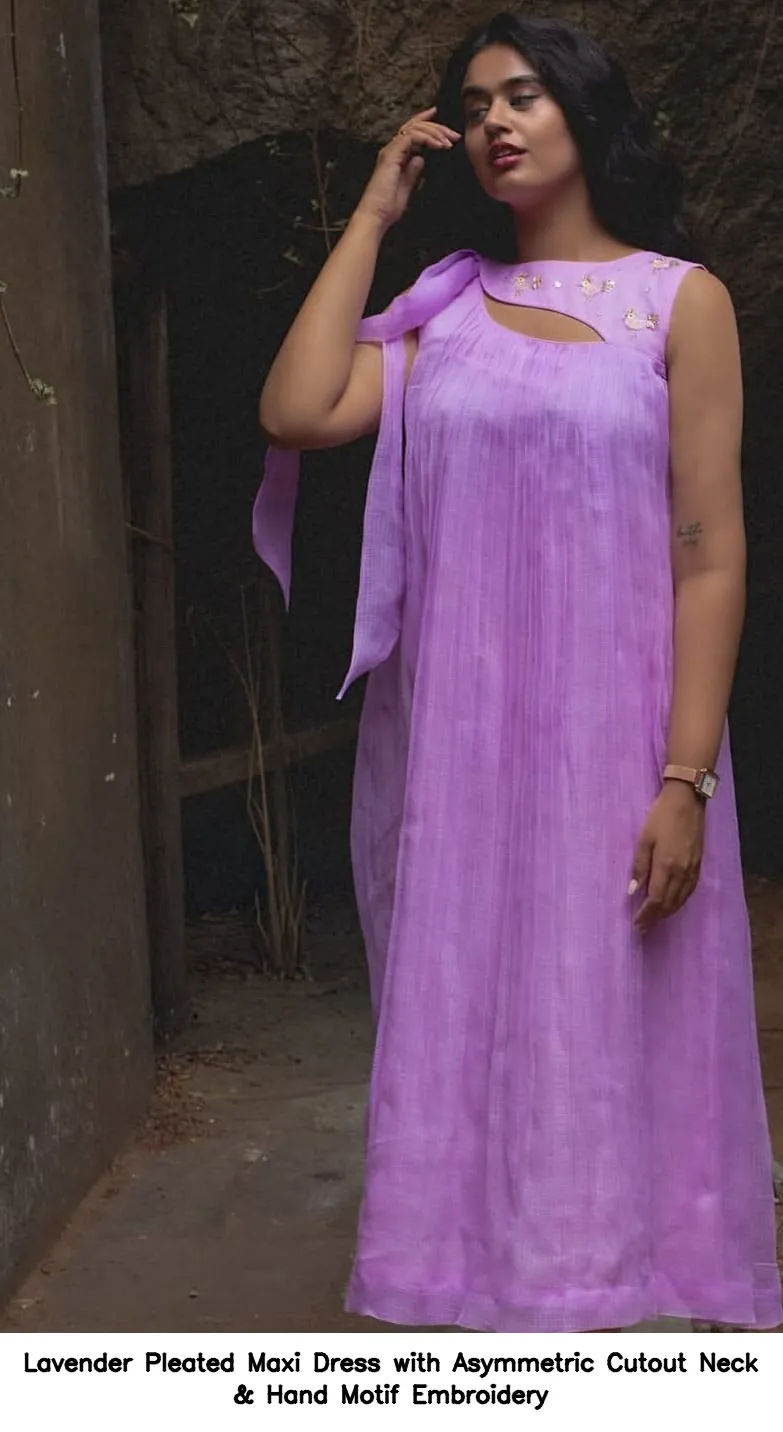 Lavender Pleated Maxi Dress with Asymmetric Cutout Neck & Hand Motif Embroidery 6
