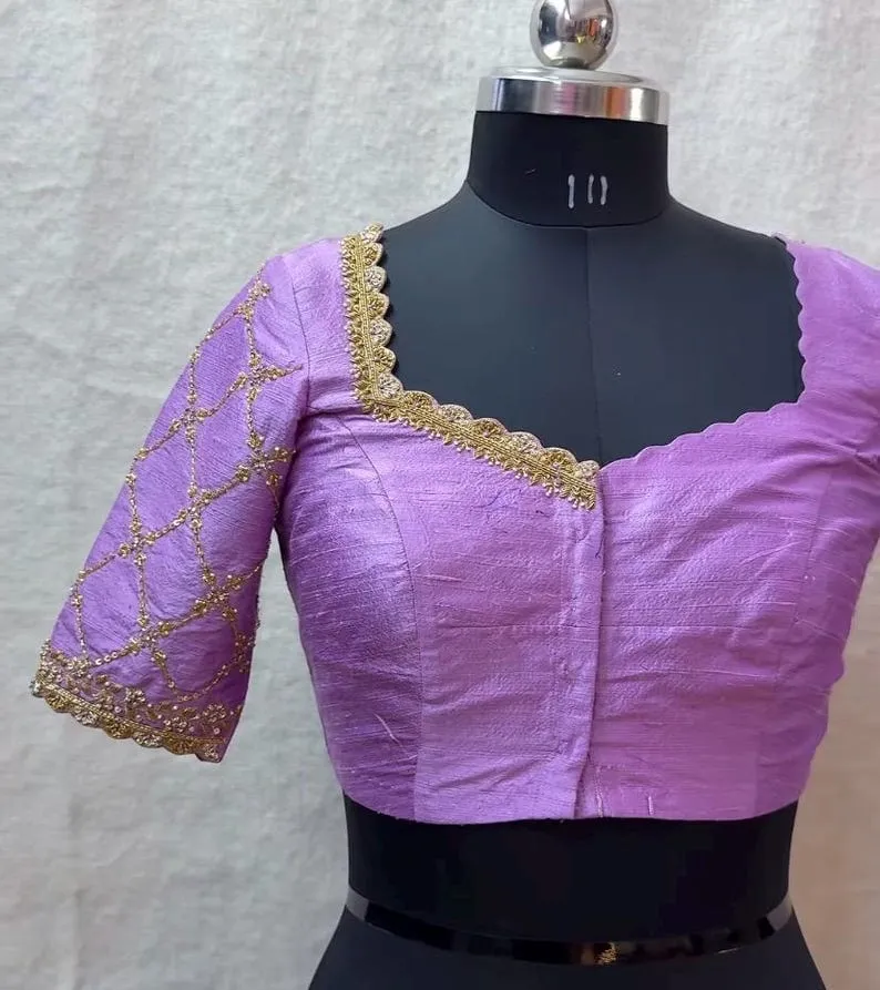 Lavender Silk Blouse with Gold Hand Embroidery | Designer Scalloped Neck Blouse