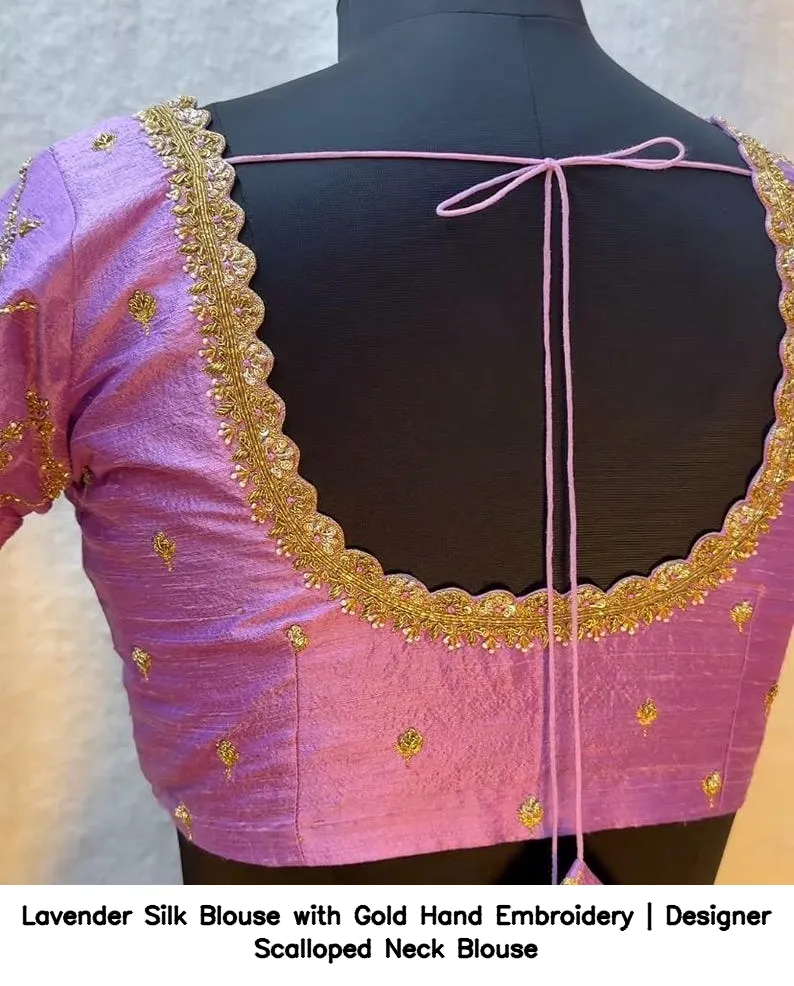Lavender Silk Blouse with Gold Hand Embroidery | Designer Scalloped Neck Blouse 5