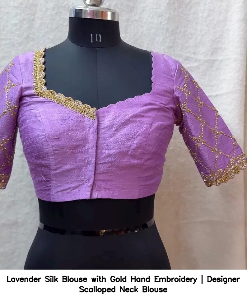Lavender Silk Blouse with Gold Hand Embroidery | Designer Scalloped Neck Blouse 7