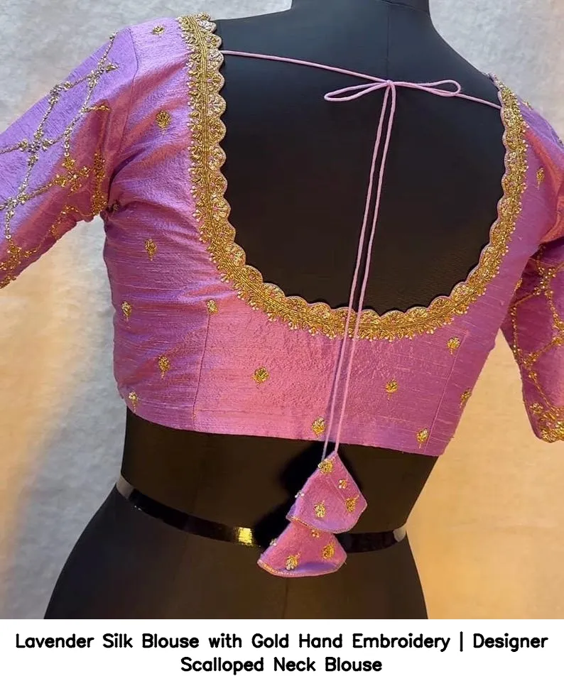 Lavender Silk Blouse with Gold Hand Embroidery | Designer Scalloped Neck Blouse 8