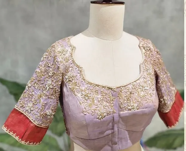 Lavender Silk Bridal Blouse with Heavy Gold Zardosi Work & Diamond Back Cutout | Designer Saree Blouse