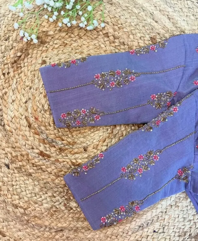 Lavender Silk Saree Blouse with Sweetheart Neck | Handcrafted Floral Aari Work Blouse | Lilac Bridal Raw Silk Blouse with Elbow Sleeves