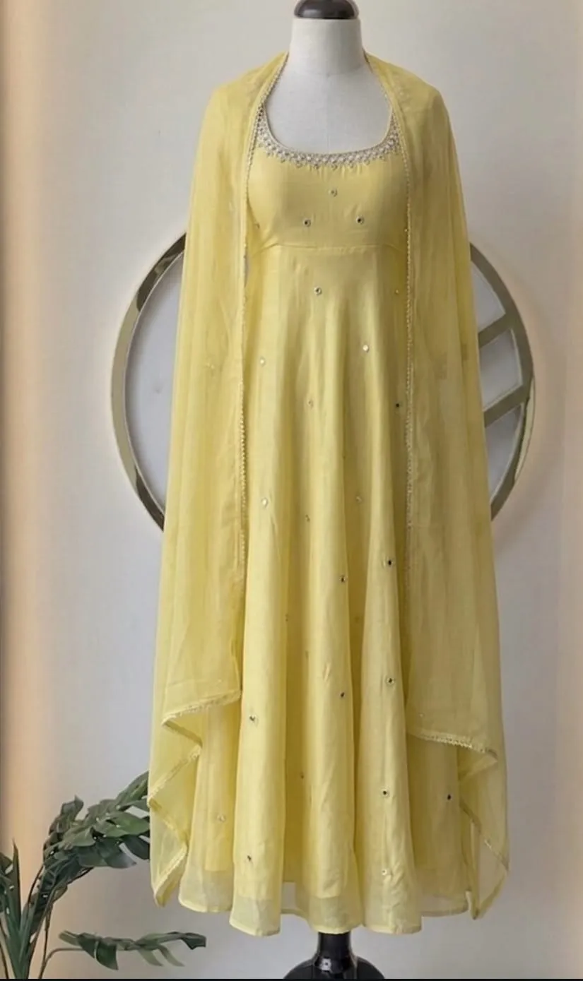 Lemon Yellow Raw Silk Flared Anarkali Gown with Mirror Booti & Pearl Lace Dupatta