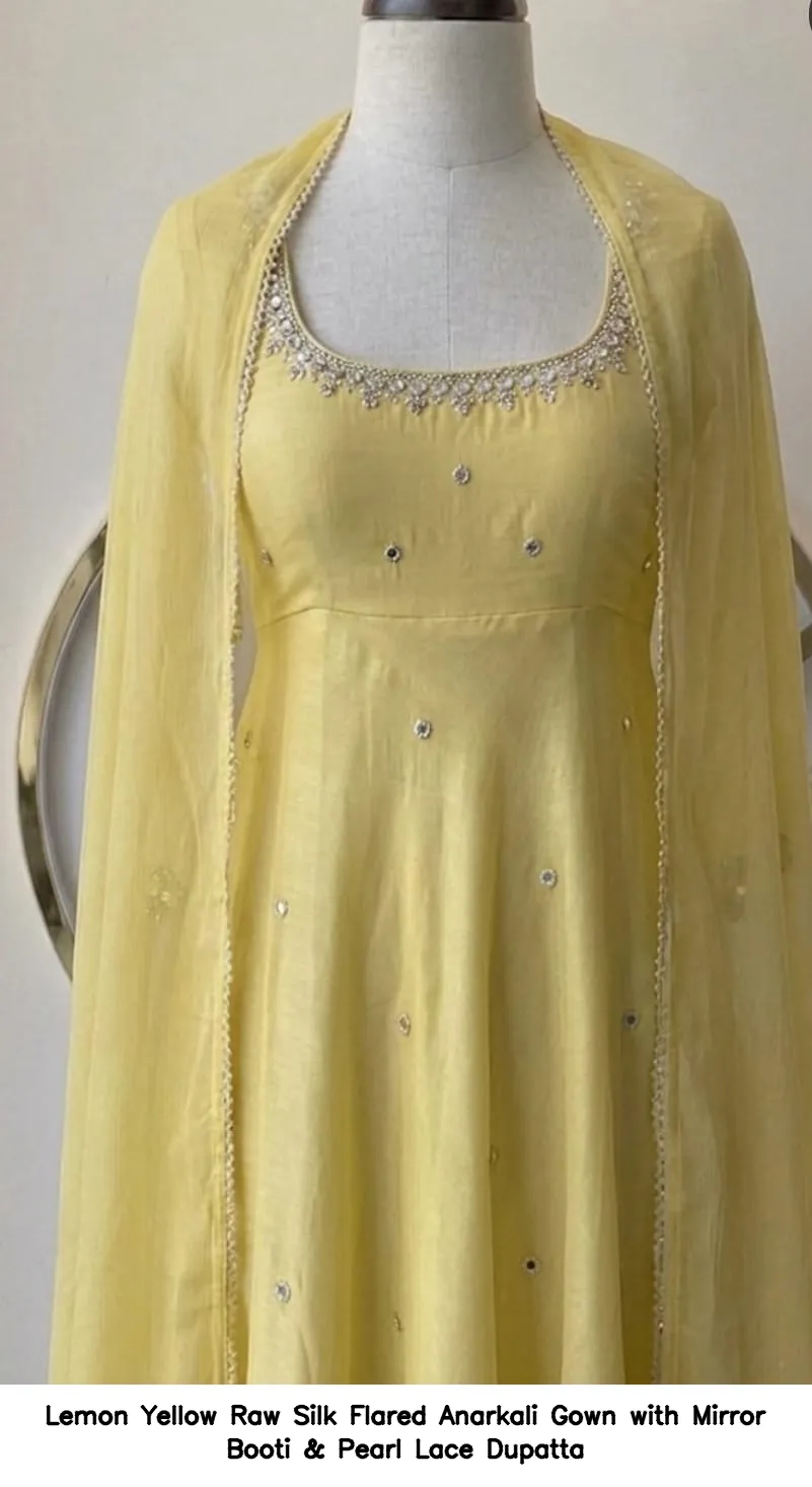 Lemon Yellow Raw Silk Flared Anarkali Gown with Mirror Booti & Pearl Lace Dupatta 2