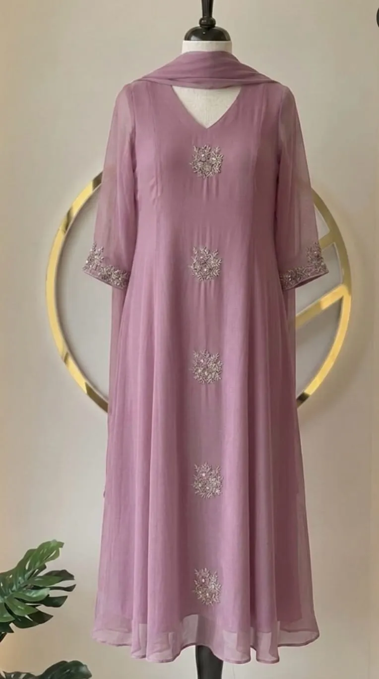 Lilac Mauve Georgette Anarkali Suit with Silver Zardozi Boota Motifs & Dupatta