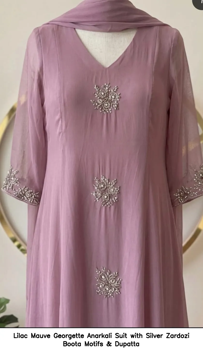 Lilac Mauve Georgette Anarkali Suit with Silver Zardozi Boota Motifs & Dupatta 2