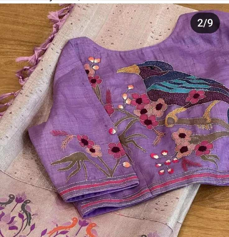Lilac Silk Blouse with Hand-Embroidered Bird Motif & Floral Branch Threadwork