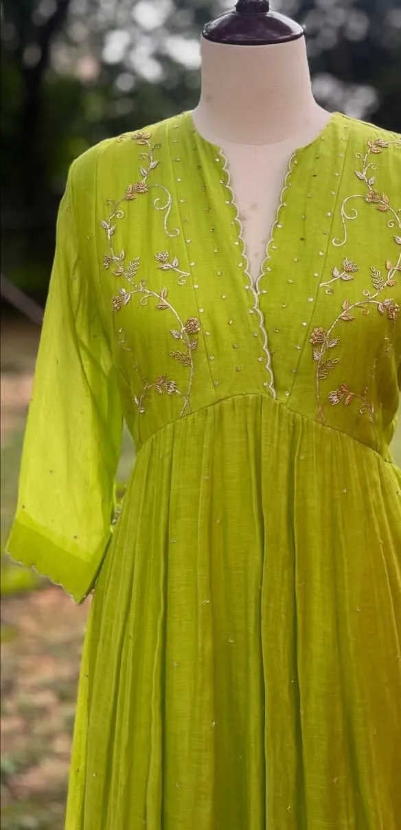 Lime Green Embroidered Ethnic Suit Set with Scalloped Dupatta