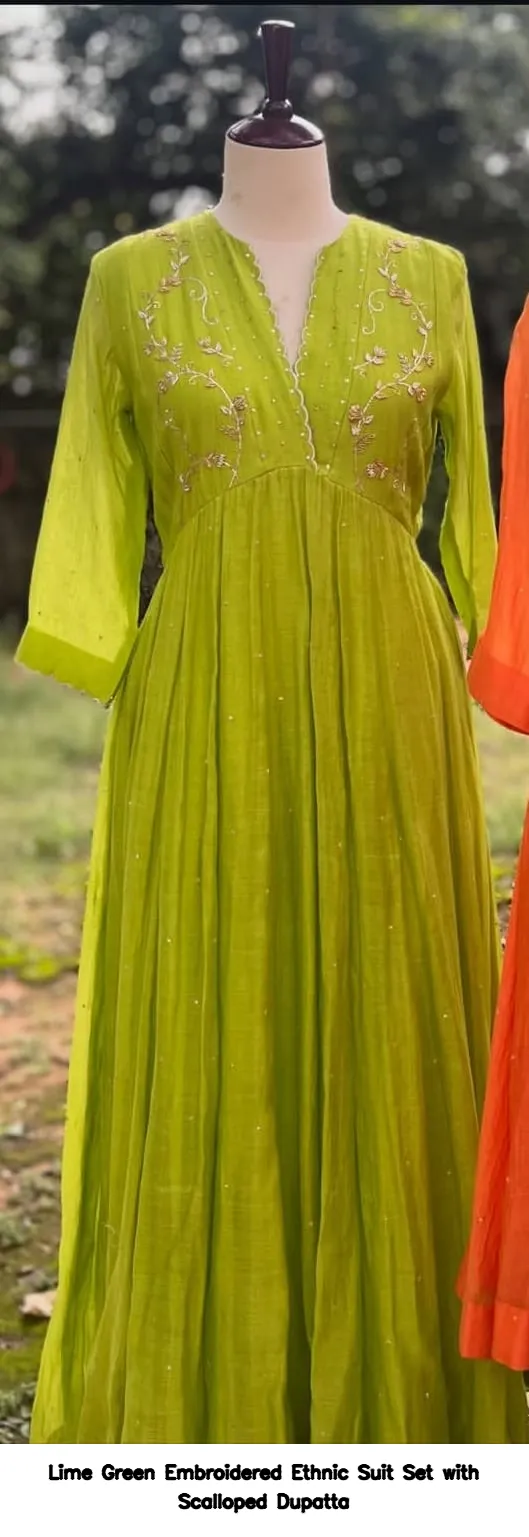 Lime Green Embroidered Ethnic Suit Set with Scalloped Dupatta 2