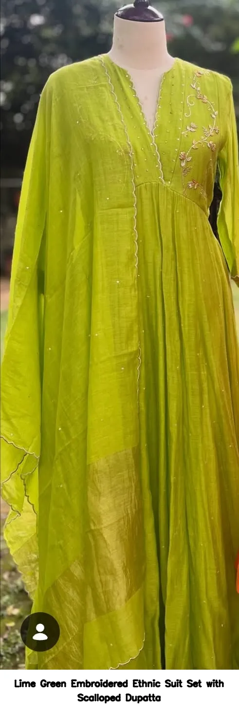 Lime Green Embroidered Ethnic Suit Set with Scalloped Dupatta 3