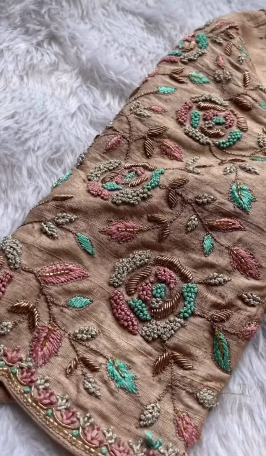 Luxury Beige Designer Blouse – Exclusive Floral Aari & Zardosi Embroidery