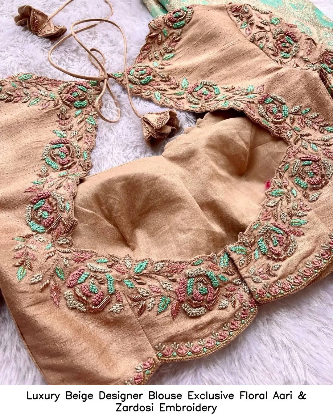 Luxury Beige Designer Blouse – Exclusive Floral Aari & Zardosi Embroidery 2