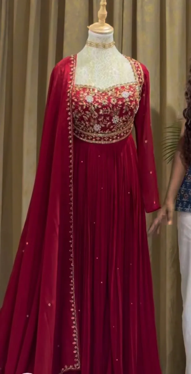 Luxury Maroon Embroidered Floor-Length Gown | Designer Party Wear for Women
