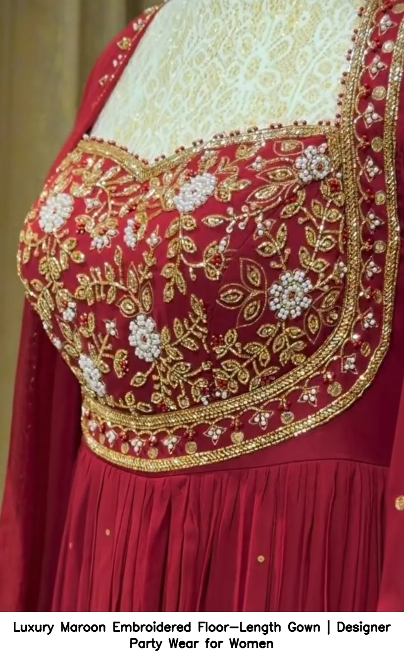 Luxury Maroon Embroidered Floor-Length Gown | Designer Party Wear for Women 2