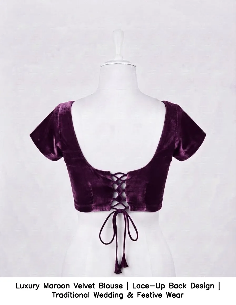 Luxury Maroon Velvet Blouse | Lace-Up Back Design | Traditional Wedding & Festive Wear 2