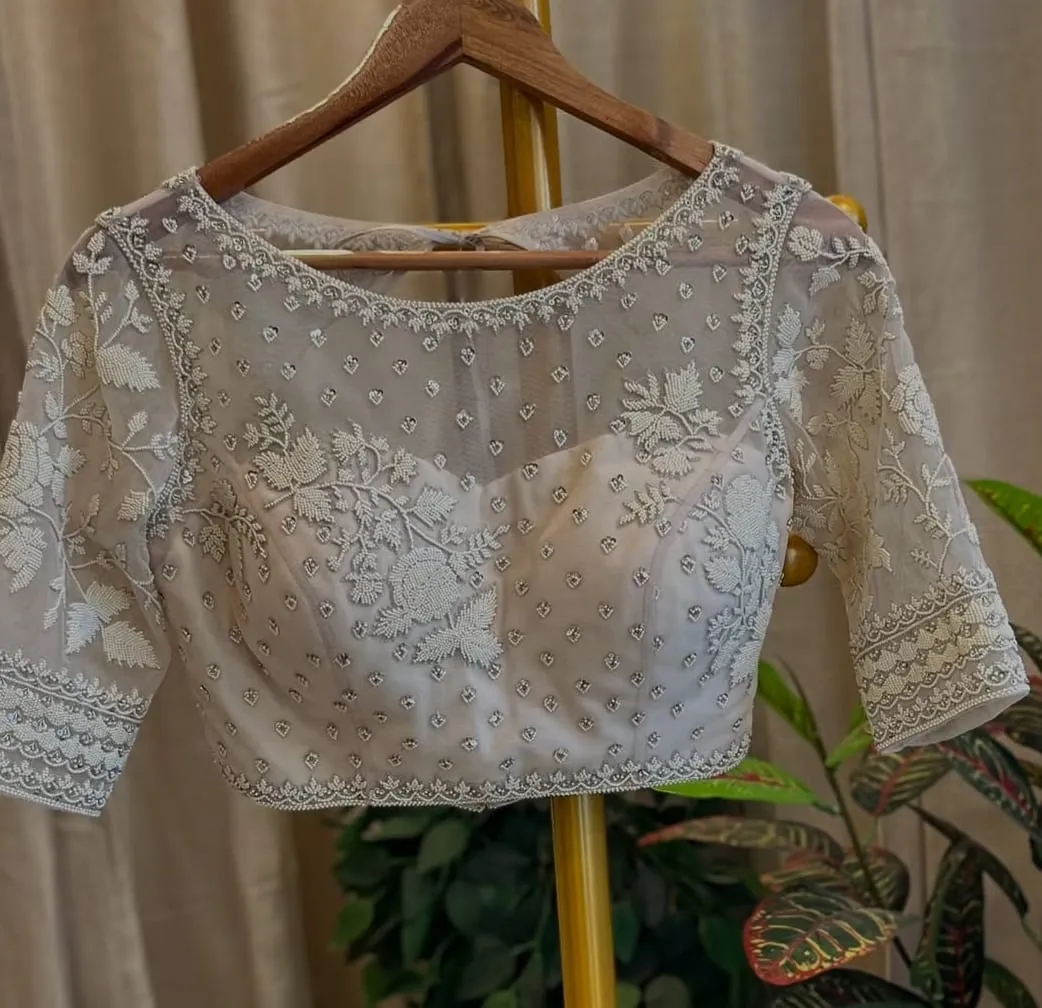 Luxury Off-White Beaded Wedding Blouse – Premium Designer