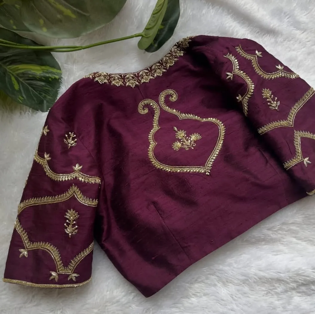 Luxury Purple Silk Blouse with Heavy Aari and Zardosi Work | Exclusive Ethnic Designer Wear