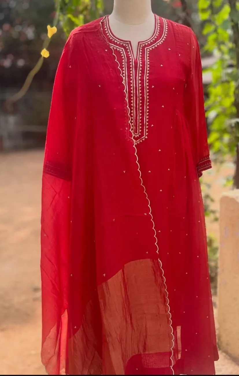 Luxury Red Embroidered Kurta | Elegant Handcrafted Festive Wear for Women