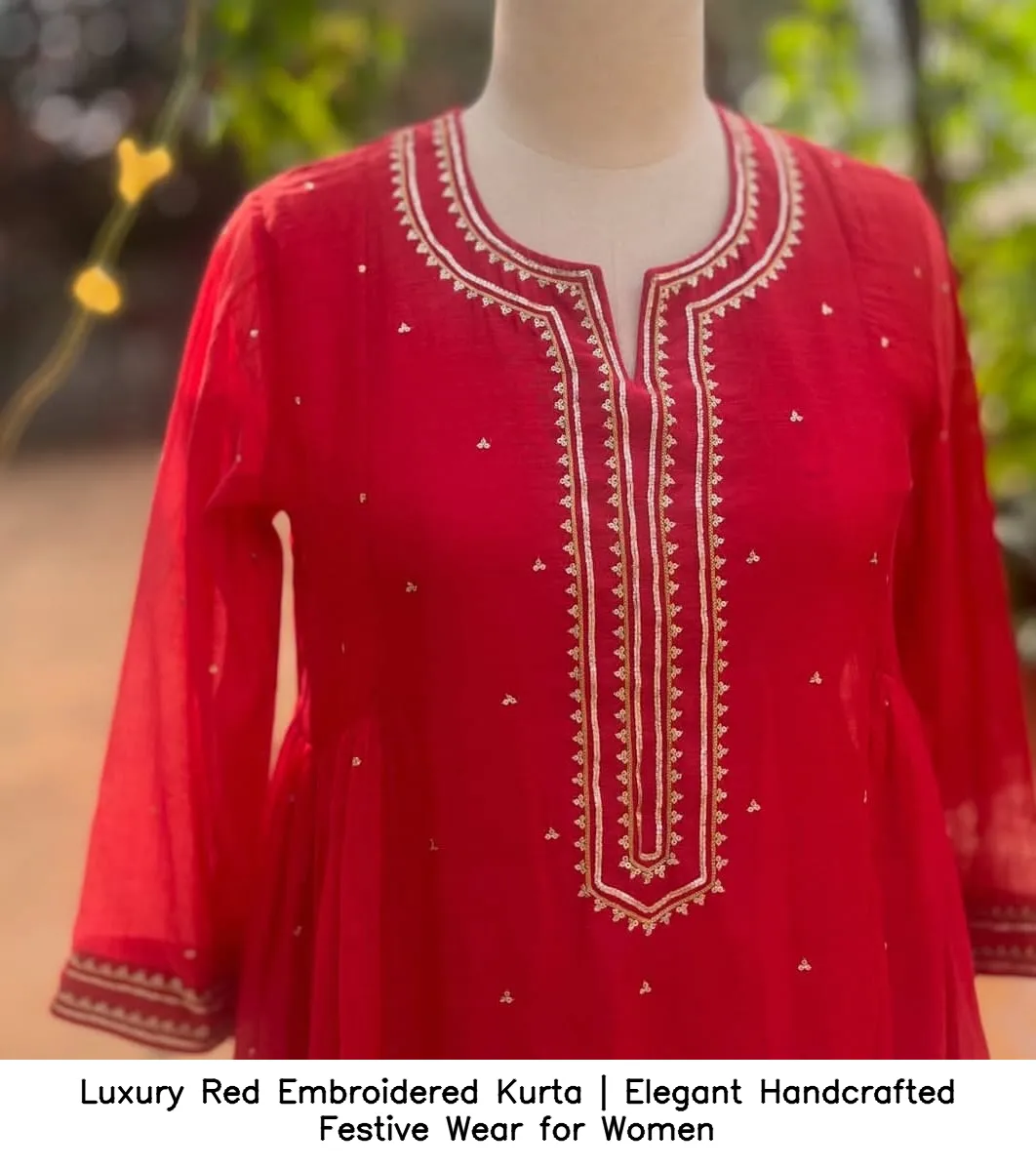 Luxury Red Embroidered Kurta | Elegant Handcrafted Festive Wear for Women 3