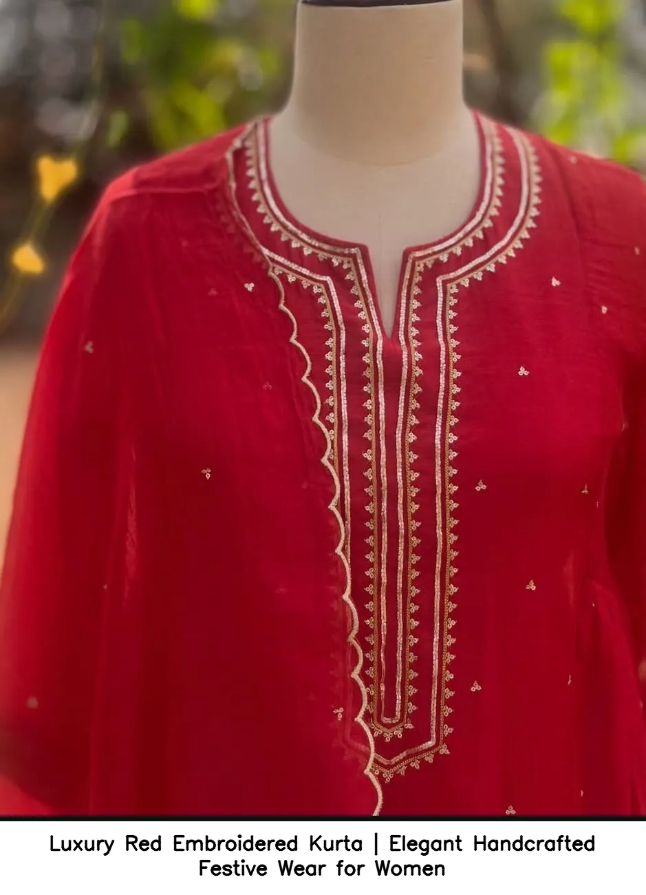 Luxury Red Embroidered Kurta | Elegant Handcrafted Festive Wear for Women 4
