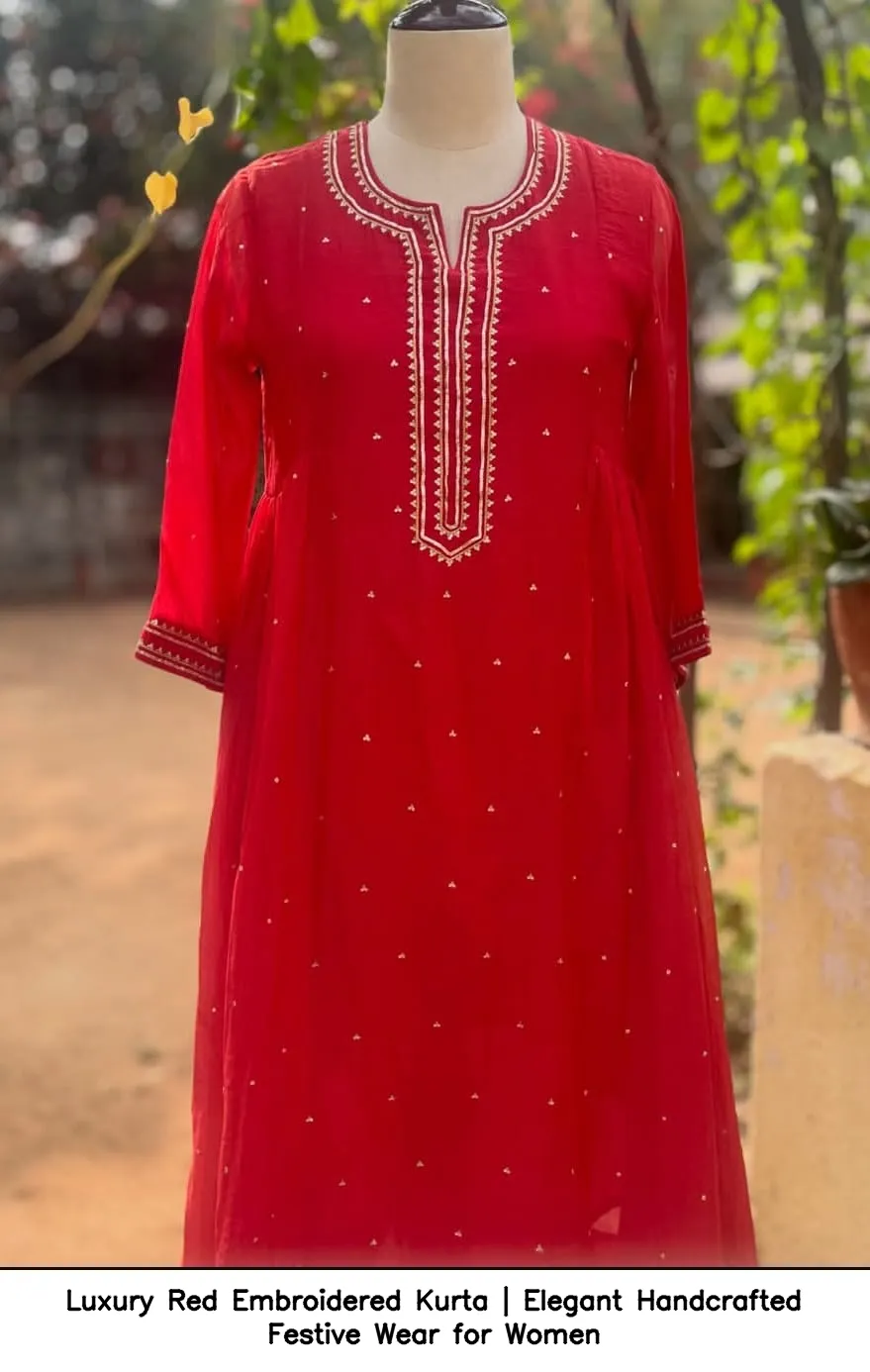 Luxury Red Embroidered Kurta | Elegant Handcrafted Festive Wear for Women 5