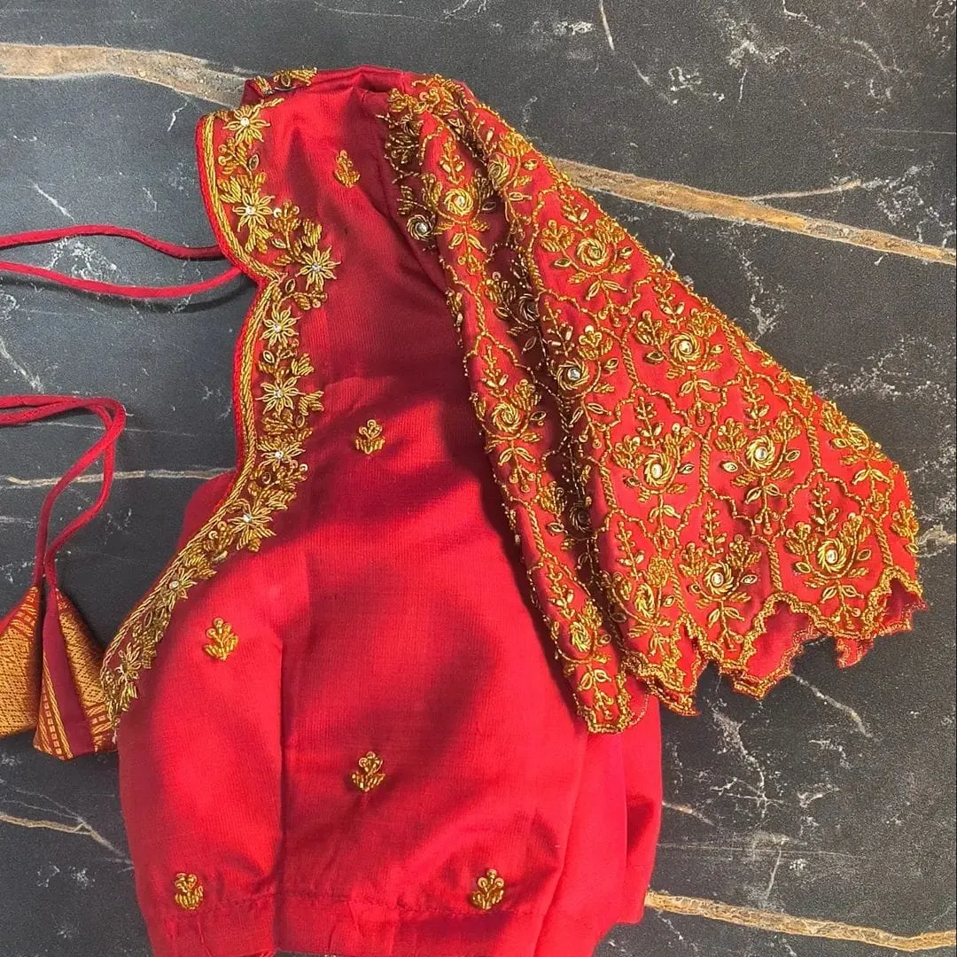 Luxury Red Silk Blouse with Intricate Hand Embroidery - Traditional Bridal Wear