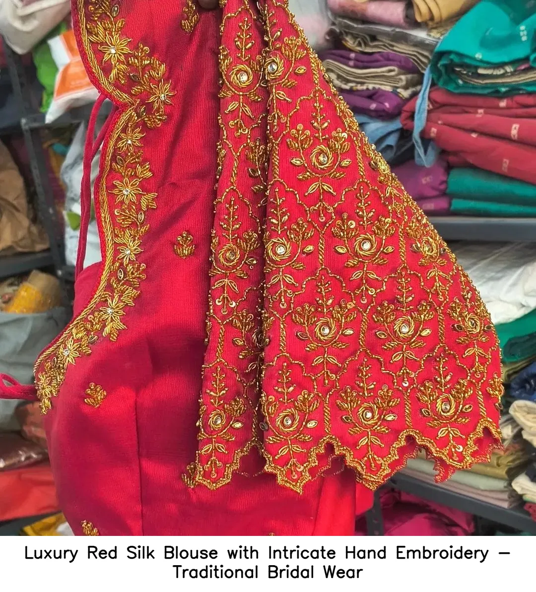 Luxury Red Silk Blouse with Intricate Hand Embroidery - Traditional Bridal Wear 2