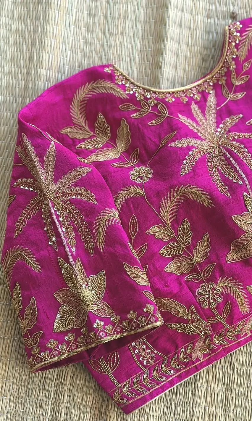 Magenta Designer Blouse with Golden Floral Thread Work | Hand-Stitched Festive Party Wear Top
