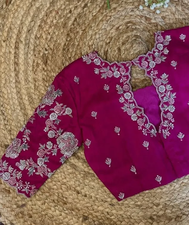 Magenta Hot Pink Heavy Maggam Work Blouse with Scallop Neck | Designer Silk Saree Blouse 1
