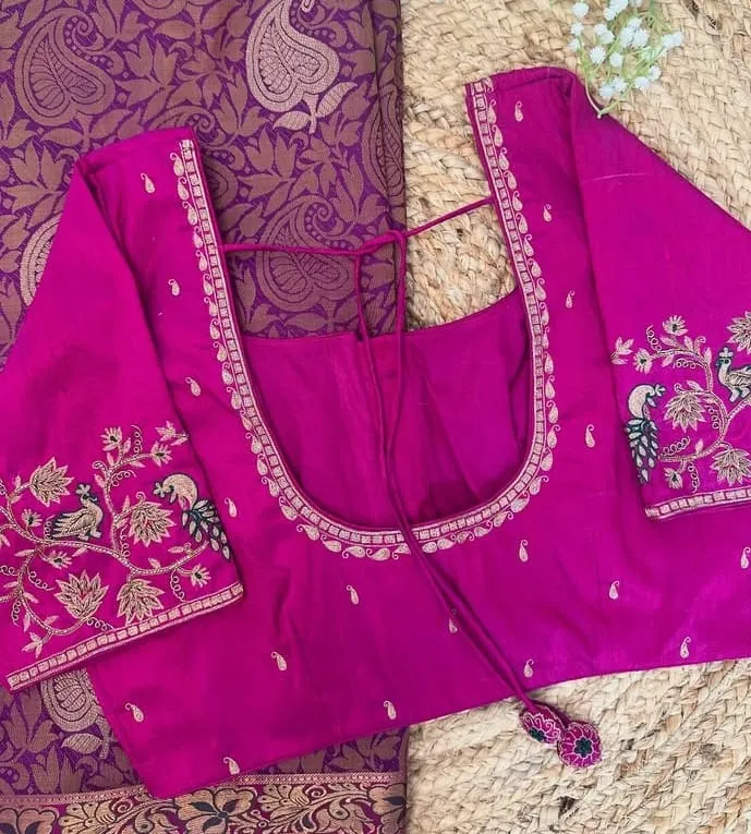 Magenta Peacock Maggam Work Blouse - Handcrafted Silk Saree Blouse