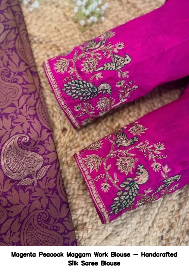 Magenta Peacock Maggam Work Blouse - Handcrafted Silk Saree Blouse 2