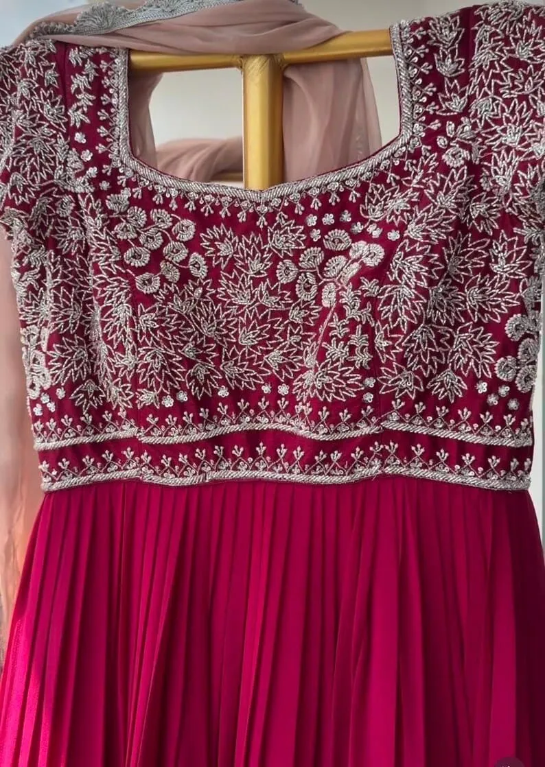 Magenta Pink Embroidered Bodice Pleated Anarkali Gown Set