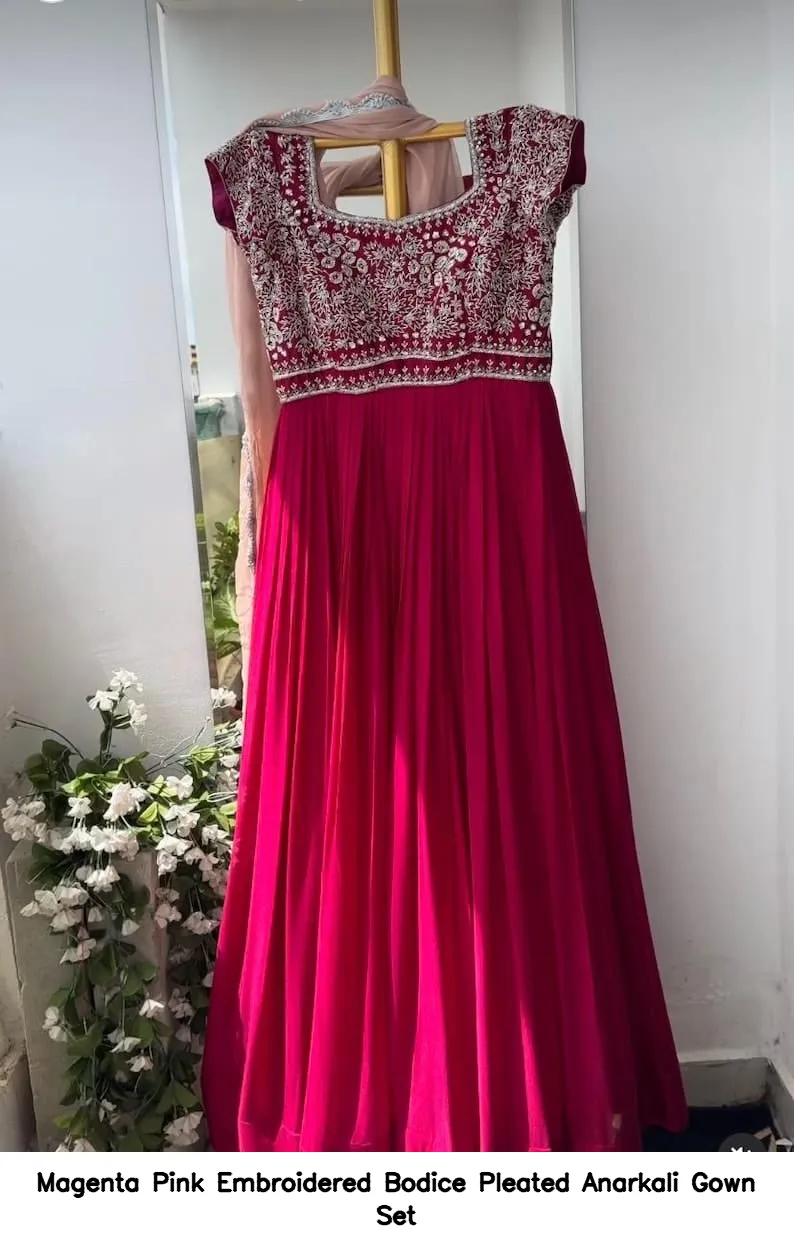Magenta Pink Embroidered Bodice Pleated Anarkali Gown Set 2