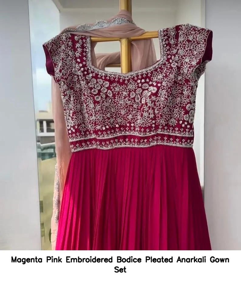 Magenta Pink Embroidered Bodice Pleated Anarkali Gown Set 3