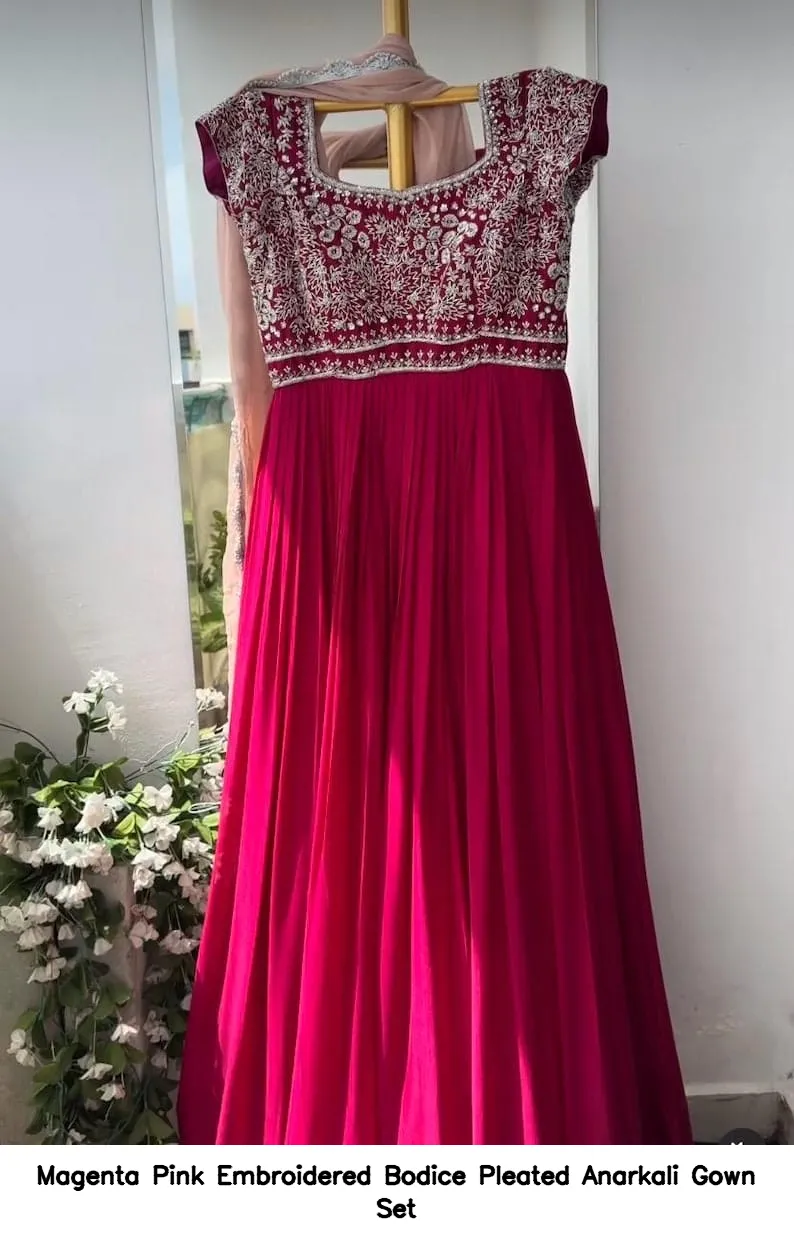 Magenta Pink Embroidered Bodice Pleated Anarkali Gown Set 4