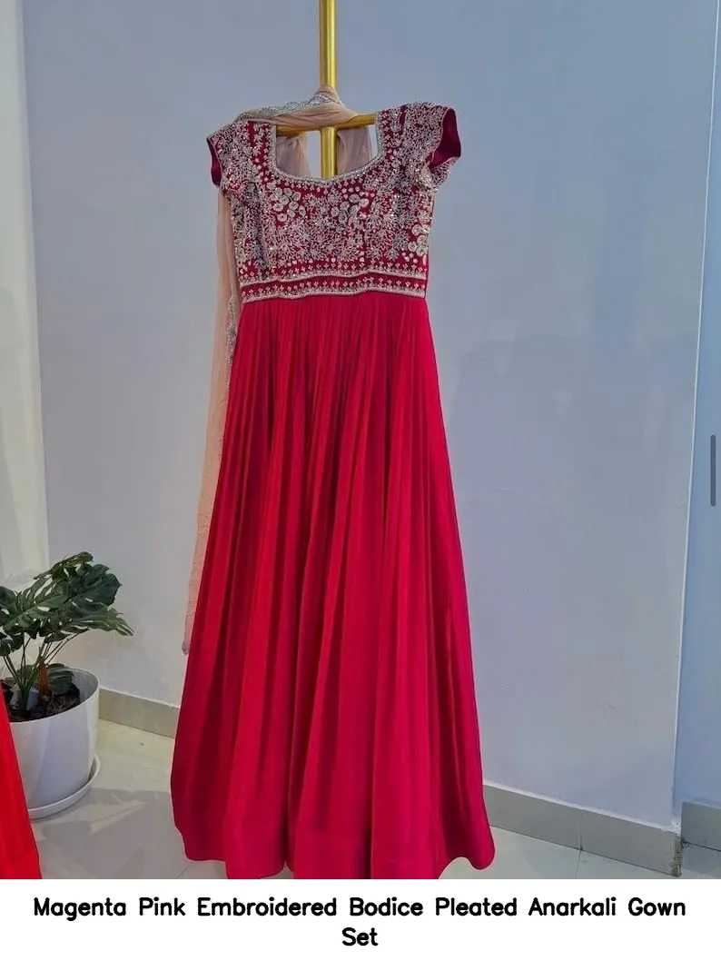 Magenta Pink Embroidered Bodice Pleated Anarkali Gown Set 5