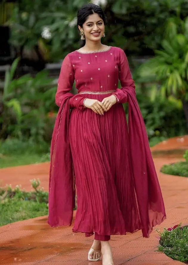 Magenta Pink Full Sleeve Pleated Anarkali Suit Set | Georgette Long Frock with Dupatta for Festive Wear