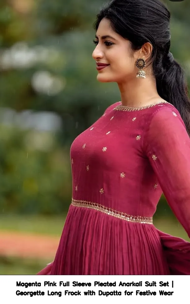 Magenta Pink Full Sleeve Pleated Anarkali Suit Set | Georgette Long Frock with Dupatta for Festive Wear 2
